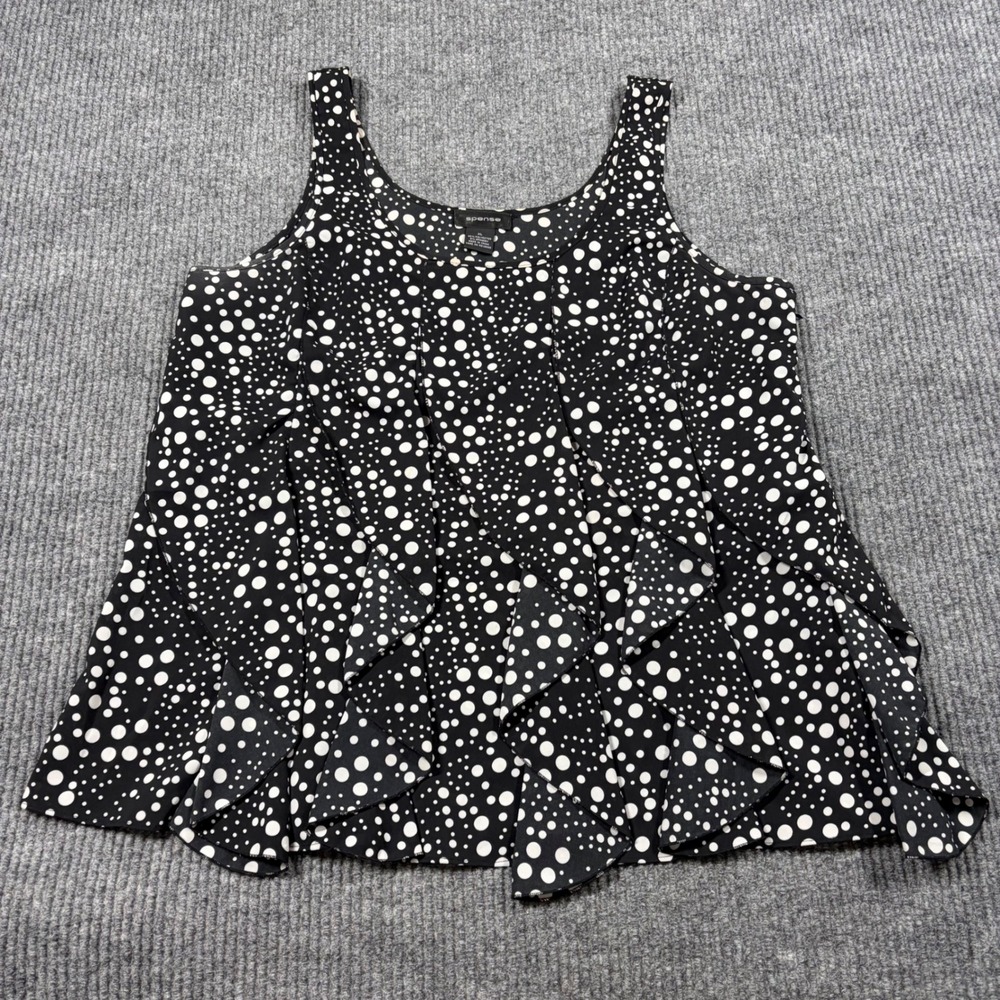 Spense Blouse Womens XL Black White Polka Dot Ruffle Front Sleeveless Tank Top